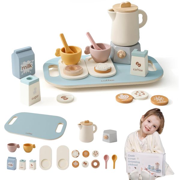 EERKEOD Tea Party Set for Kids Wooden Tea Sets for Toddler Girl Toys Pretend Play for Little Girls Kitchen Play Food Accessories Sets Wooden Educational Toys Gifts with Silicone