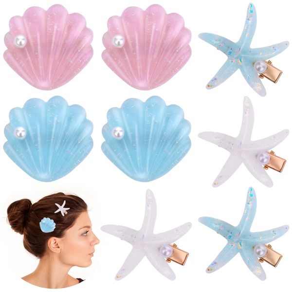 WLLHYF 8 Pcs Starfish Sea Shell Hair Clips Set Princess Glitter Barrettes Sequins Alligator Hairpins Beach Headpiece Headwear Styling Tools Hair Accessories for Women Girls Birthday Party Christmas