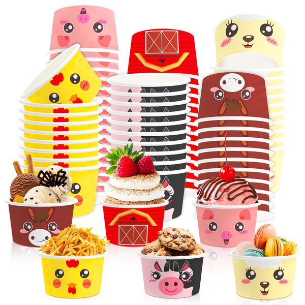 LANCU 60PCS Ice Cream Cups 8 oz Farm Animals Paper Snack Cups Ice Cream Bowls Disposable Dessert Treat Snack Cups Bulk Farm Animal Theme Party Favor Supplies