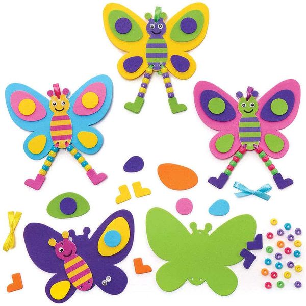 Baker Ross FC831 Moosgummi Schmetterling Bastelset mit Perlen - 5er Pack, Set für Kinder zum Basteln und Dekorieren, Ideal für Kindergeburtstag Basteln, Blau,Gelb,Grün,Lila, Mittel