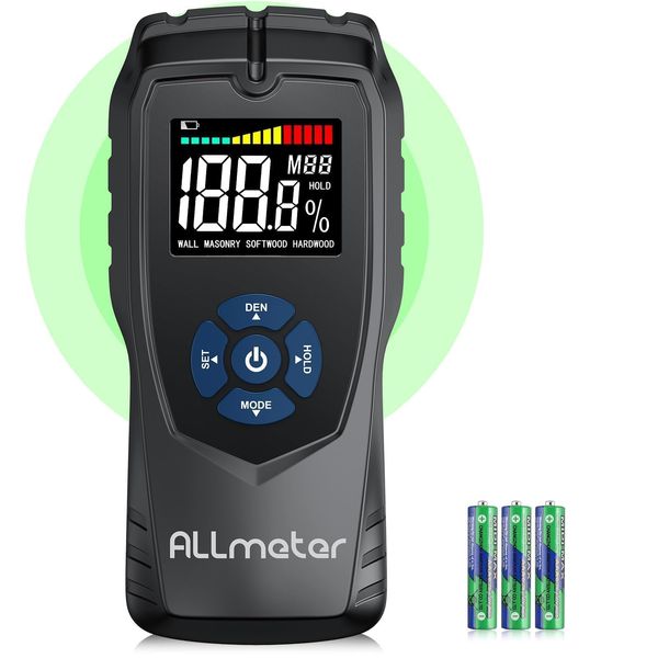 ALLmeter Pinless Damp Meter Wood Moisture Meter for Walls Drywall Wood Masonry with LCD Display Sound Alarm for Woodworking and Building Projects Moisture Detector Within +/- 4% Accuracy Depth 50mm