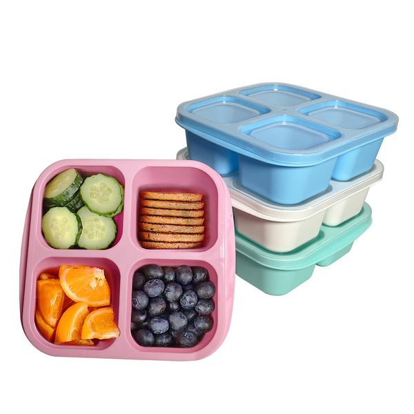 MEEYUU 4 Pack Snack Containers, 4 Compartments Bento Snack Box, Reusable Meal Prep Lunch Containers for Kids Adults, Divided Food Storage Containers for School Work Travel (Green/Blue/Pink/White)