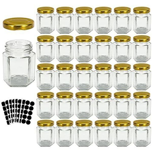 3 oz Hexagon Glass Jars with Gold Lids, 30 Pack Honey Jars Canning Jars Small