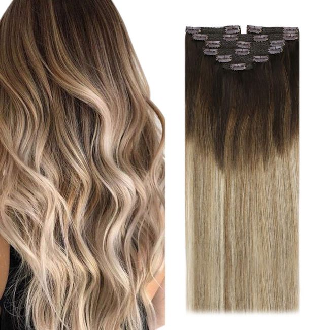 Sunny Clip in Hair Extensions Ombre Brown Clip in Remy Hair Extensions Full Head Balayage Human Hair Clip in Extensions Dark Brown Ombre Light Brown Mix Ash Blonde 16" 120g