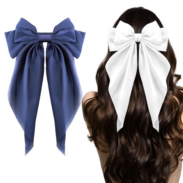 Big Bow Hair Clips 2pcs, Long Tail French hair Bows for Women Girl, Satin Silky Bow Hair Barrette, White Navy Blue Bow Hair Dress Up Accessories for Birthday/Party/Show/Christmas/Thanksgiving