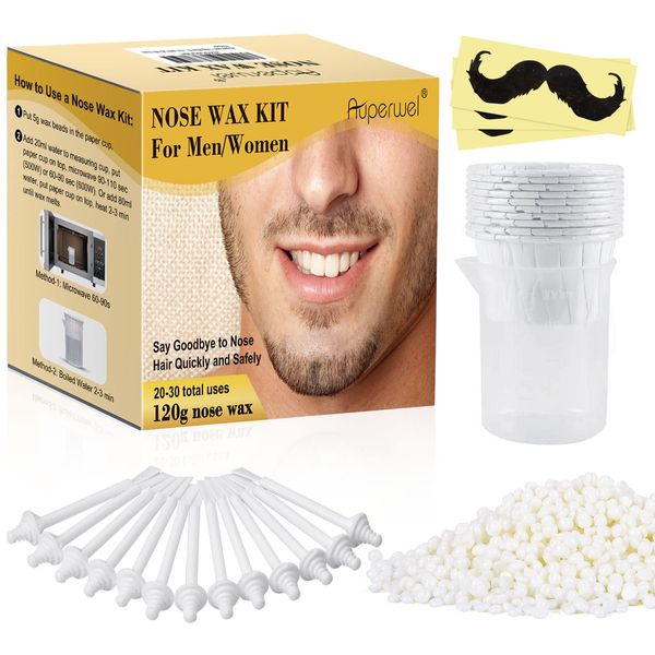 Auperwel 120g Wax Nose Wax Kit - Includes 30 Applicators for Quick & Painless Nose Hair Waxing, Perfect for Men and Women, Long Lasting Nose Hair Remover Wax Kit with 20-30 Uses- White