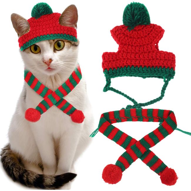 Cat Christmas Costume, Knit Pet Hat and Holiday Scarf Winter cat Outfits