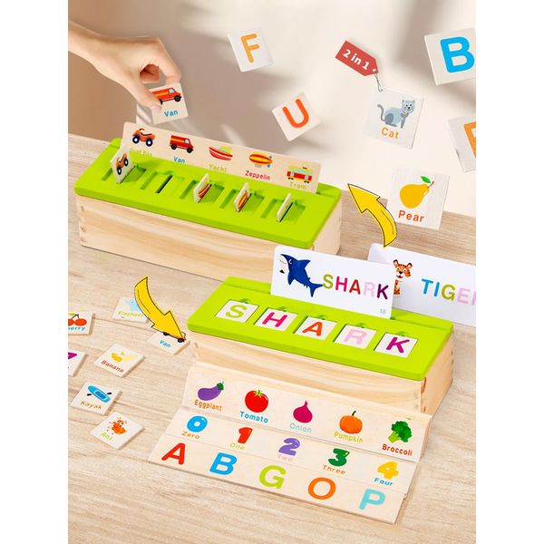 Wooden 2 in 1 Montessori Educational Toys 3 4 5 6 7 8 Year Old, Sorting & Spells Game, Flash Cards, Scrabble Letters, Shape & Number Sorter, 10 Sight Words Cards & 15 Flash Cards, with Box Storage