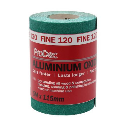 ProDec 5m Roll 120 Grit Fine Grade Green Aluminium Oxide Abrasive Sanding Paper for Sanding Wood, Paint, Plaster, Filler, Metal and More, 115mm Wide Sandpaper Compatible with Machine Sanders