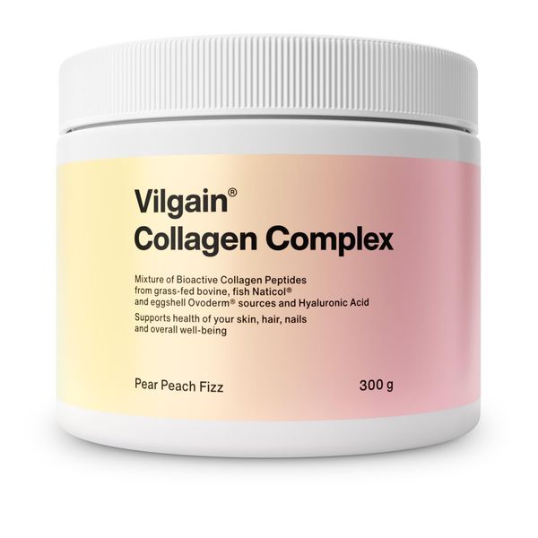 Vilgain Kollagen Komplex Beauty Kollagen mit Hyaluronsäure, für Haut, Haare & Nägel, Anti-Aging, Feuchtigkeit, natürliche Inhaltsstoffe, 3 bioaktive Kollagenquellen (300g, Birne und pfirsich)