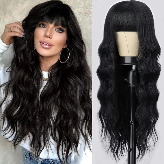 MERISIHAIR Long Black Wig with Bangs,27inch Black Wavy Hair Wigs for Women,Synthetic Black Long Curly Wig for Girl Daily Party Use