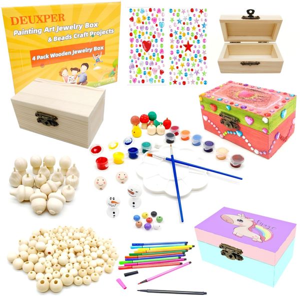 DEUXPER 2-in-1 Kids Art & Craft Toy - 4Pcs Wood Jewelry Box and 136 Charms Beads Painting DIY for Kids Ages 6-8, Girls Bracelets Making Supplies Easter, Kids Birthday Gift for 6 7 8-10 Year Olds