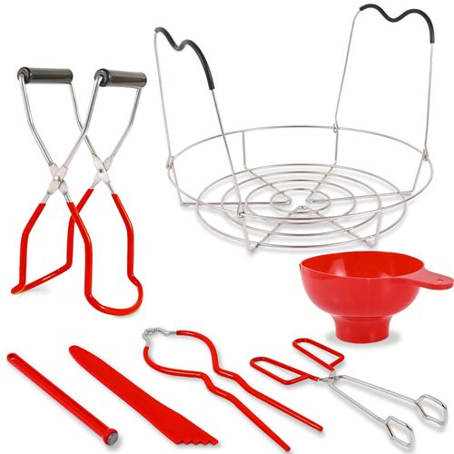 Canning Supplies Starter Kit - 7 Pieces Stainless Steel Canning Set Tools: Steamer Rack,Canning Funnel,Jar Lifter,Wrench, Tongs,Lid Lifter/Bubble Remover Tool, for Canner/Pot, Beginner (Red)