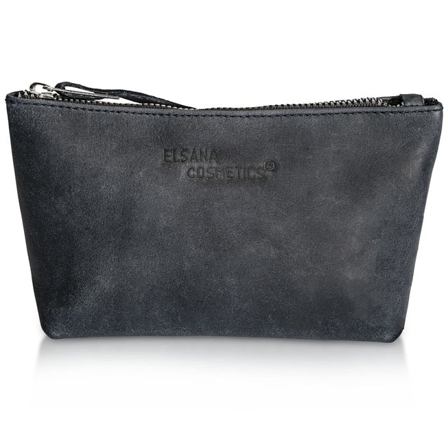 Elsana Cosmetics Echtleder Kosmetiktasche - Rasiertasche - Unisex - für Damen und Herren - Schwarz (19x10x3)