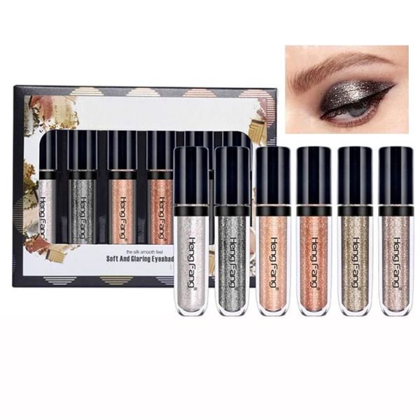 6 Pcs Liquid Glitter Eyeshadow Makeup Set Shimmer Metallic Eyeliner Eye Shadow Liquid Waterproof Long Lasting Quick-Drying Sparkling Silver/Black