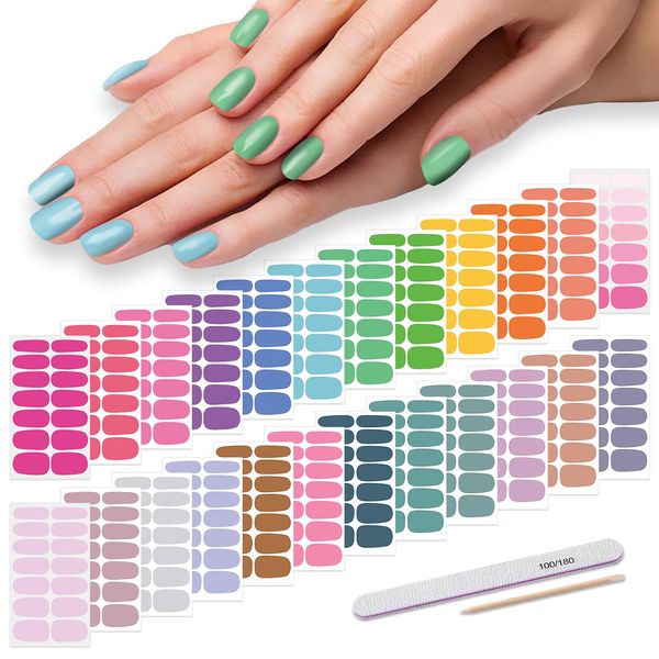 DANNEASY 24 Sheets Light Color Nail Polish Stickers Full Nail Wraps for Women Young Girl Self Adhesive Nail Polish Strips Gel Fingernail Sticker Nails with Nail File, Cuticle Stick
