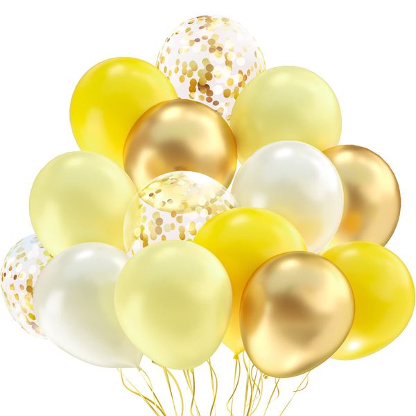 KBZVNAF Yellow White Gold Confetti Balloons - 60 Pack 12 inch Pastel Yellow Latex Party Balloon for Sunflower Honeybee Theme, Birthday, Baby Shower, Wedding Decorations