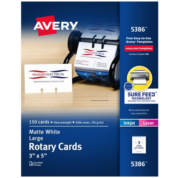 Avery Printable Rotary Cards with Sure Feed Technology, 3" x 5", White, 150 Blank Cards for Laser or Inkjet Printers (05386)