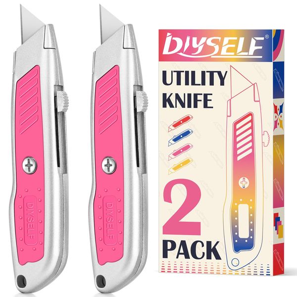 DIYSELF 2 Pack Box Cutter, Aluminum Utility Knife, Box Cutters Retractable, Sturdy Razor Knife for Cardboard, Boxes, Packages, Papers, Cartons, Box Cutter Knife, Navajas de Trabajo, Pink Knife