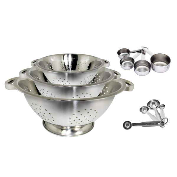 Kitchen Kemistry Premium Grade Stainless Steel Colander Basket Strainer Set of 3, with Measuring Cups & Spoon Set - Measure dry or liquid ingredients; Ideal for Cooking Baking Prep - Set of 11 pieces