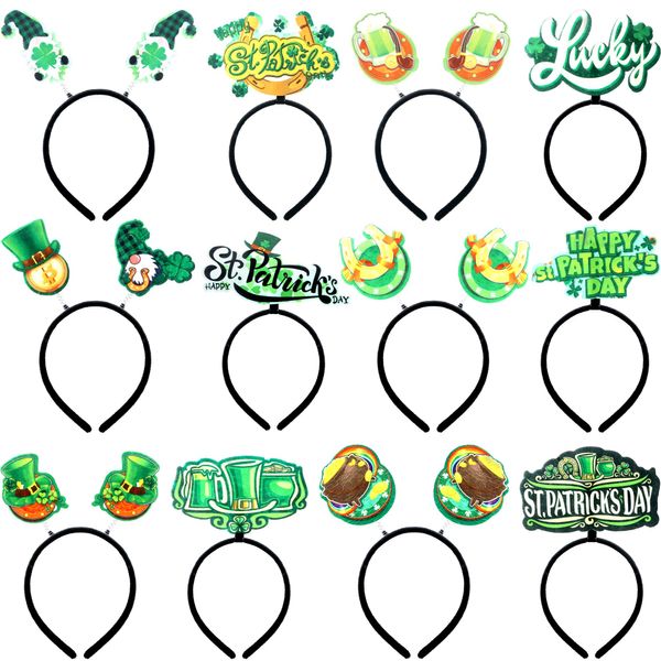 Fahacop 12 Pack St. Patricks Day Headbands Green Shamrock Hat Head Bopper Irish Holiday Hairband for Saint Patrick's Day Party Hair Accessories