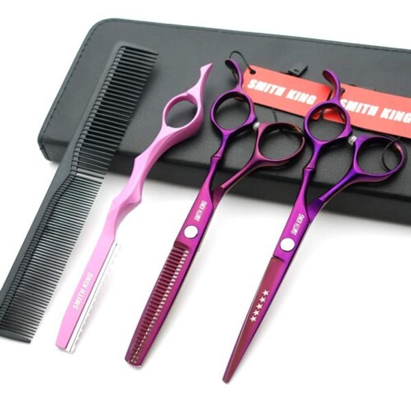 6-inch hairdressing flat-tooth comb set, scissors, thinning shears and razor (purple)