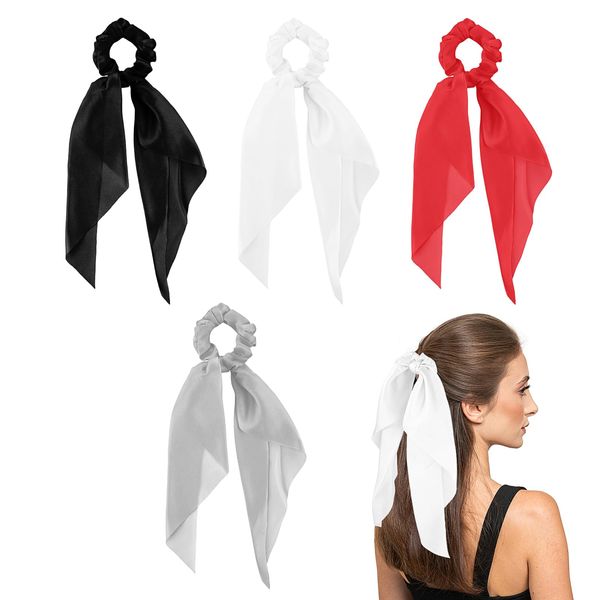 Dimeho 4 Pcs Hair Scarf Scruncheis, Cute Ribbon Bow Hair Ties for Women Satin Hair Scrunchies with Ribbon Tails Elastic Hair Bands Ponytail Holder Hair Accessories (Black/White/Red/Grey)