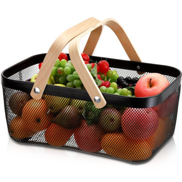 ZEAYEA Mesh Storage Basket with Handle, Garden Harvest Basket, Mesh Fruit Vegetables Gathering Basket Bin, Multi-functional Metal Wire Basket for Kitchen Garden Picnic Cabinet