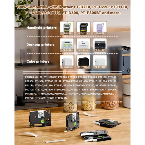 TZe-221 TZe221 TZe TZ Tape 9mm 0.35 Laminated White Replacement for Brother Label Maker Tape 9mm P Touch Label Tape, Compatible with Brother PT-D220 PT-D210 PT-H110 PT-1890, 3/8 Inch, 5-Pack