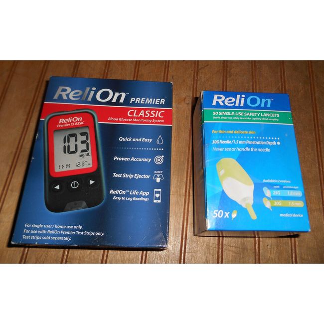 NEW/NIB Relion Safety Lancets 50 Single Use 30G Pack + CLASSIC Glucose Monitor