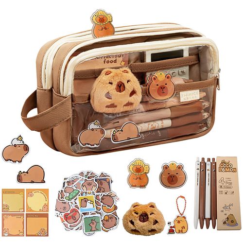 GEDEUBAN Cute Capybara Pencil Case, Stationery Pouch Set with 10 Stickers+2 Brooches+1 Doll+1 Clip+1 Notepad+1 Keychain+4 Pens, Cartuchera De Capibara