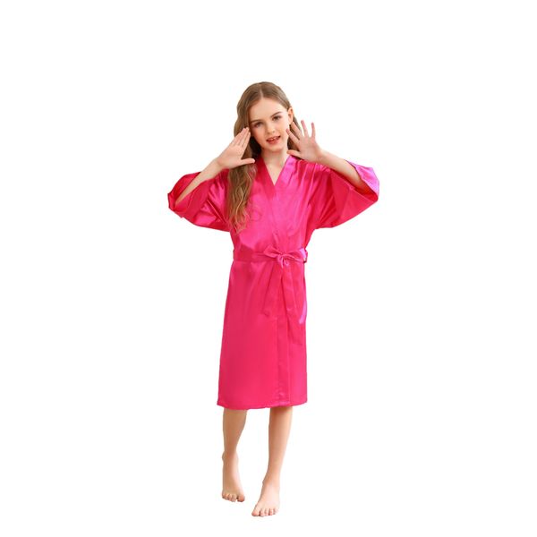 CuteOn Kids Girls Satin Silk Kimono Robe Dressing Gown Bathrobe Nightwear for Spa Wedding Birthday Party Dress Rose Red Size 7-9Years - (Height 115-130cm)