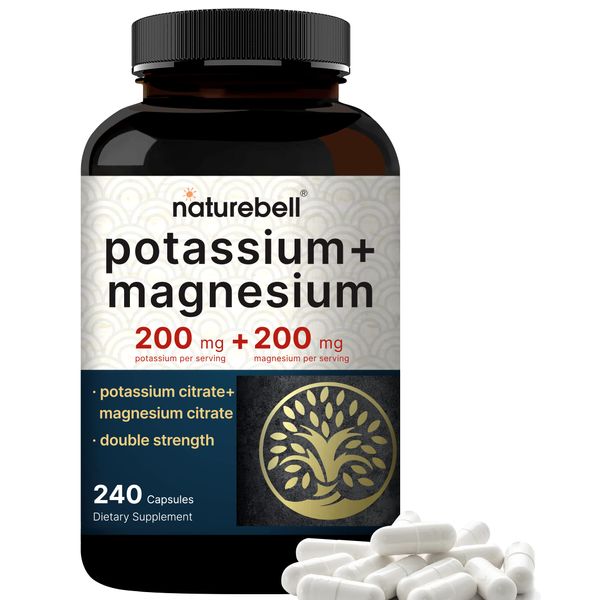 Potassium Magnesium Supplement – Potassium 200mg + Magnesium 200mg | 240 Capsules – Easily Absorbed Potassium Citrate & Magnesium Citrate – Muscle, Bone, & Heart Health Support – Non-GMO