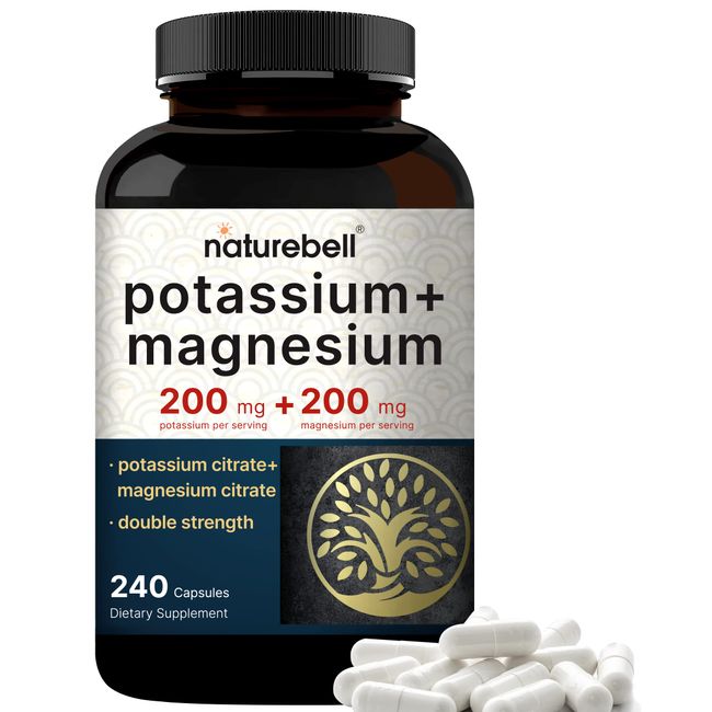 Potassium Magnesium Supplement – Potassium 200mg + Magnesium 200mg | 240 Capsules – Easily Absorbed Potassium Citrate & Magnesium Citrate – Muscle, Bone, & Heart Health Support – Non-GMO