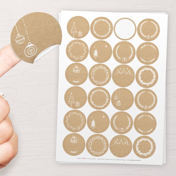 48 Aufkleber für Weihnachten 40mm / 4cm – Namensschildchen oder als Adventskalender Nummer Etiketten zum selbst beschriften: Sticker in Kraftpapier-Optik aus Papier (WEISS)