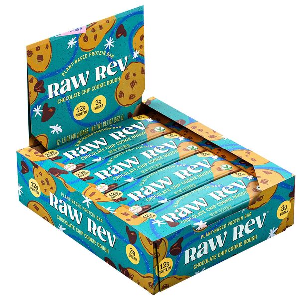 Raw Rev Vegan High-Protein Bars, Chocolate Chip Cookie Dough, 12g Plant Protein, 11g Fiber, Keto, Non-GMO, 1.6 Oz, Pack of 12