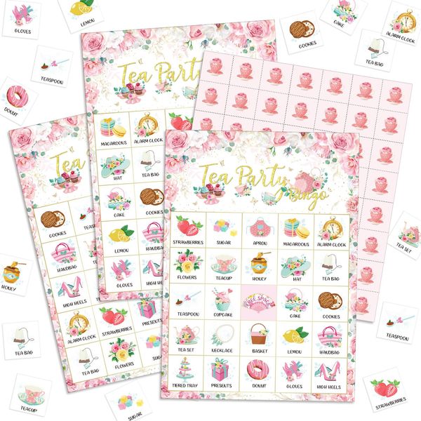 Shappy 35 Pcs Tea Party Bingo Game Christmas 24 Players Floral Tea Party Bingo Cards Garden Tea Party Games for Kids Family School Classroom Activities Birthday Bridal Baby Shower Wedding Party Favors