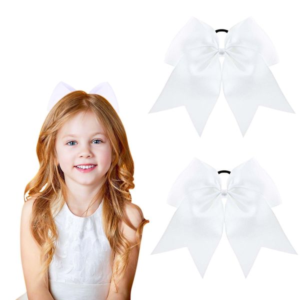 Twpribarn 2Pcs Cheer Bows Cheer Hair Bows Ponytail Holder Elastic Band Bows Hair Accessories for Ponytail Holder Bow Scrunchies School Sports Cheerleading Girls Softball Cheerleader Bows (White)