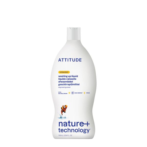 ATTITUDE Washing up Liquid, EWG Verified, Advanced Degreasing Power, Plant- and Mineral-Based Ingredients, Vegan, Citrus Zest, 700 mL