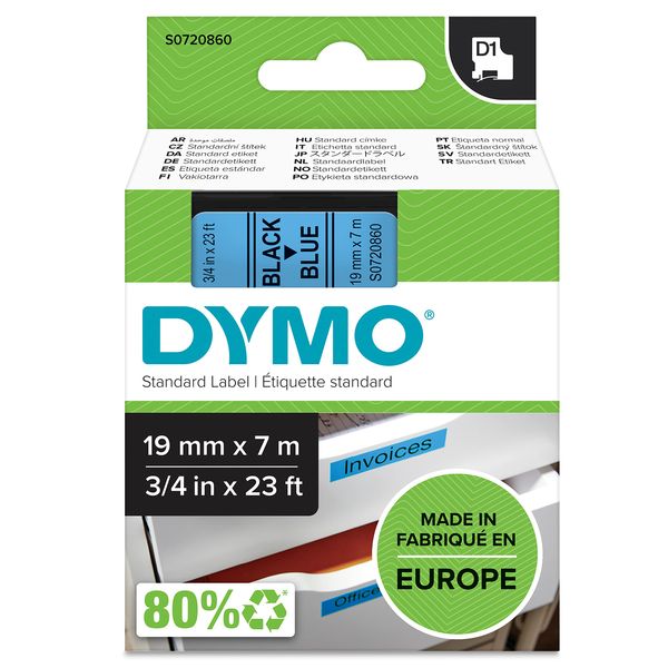 DYMO Authentic D1 Labels | Black Print on Blue Tape | 19 mm x 7 m | Self-Adhesive Labels for LabelManager Label Makers | Made in Europe