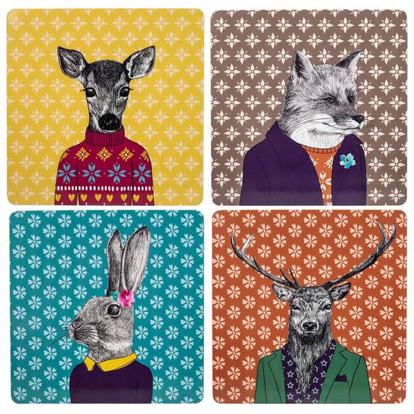 English Tableware Set of 4 After Dark Woodland Creatures Square Cork-Backed Placemats, Mixed Designs