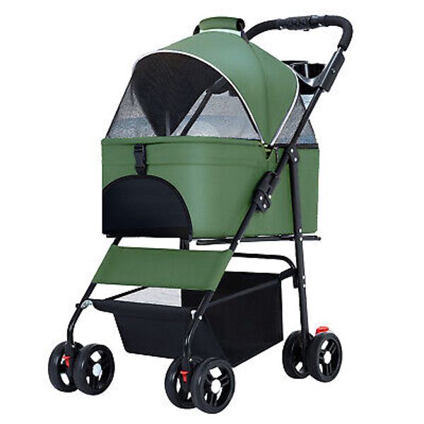 Pet Dog Stroller Travel Carriage 4Wheeler W/Foldable Carrier Cart & Cup Holder