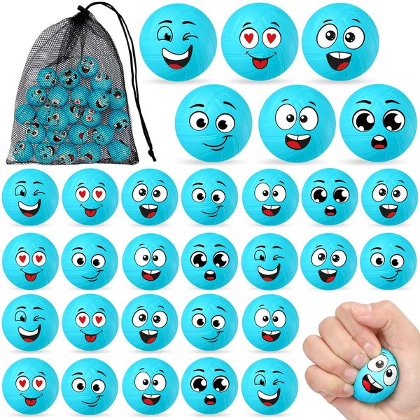 Shappy 48 Pcs Mini Volleyball Stress Balls 1.57" Squeeze Sports Stress Volleyball Ball Bulk with Black Mesh Drawstring Bag 6 Style Emotion Foam Volleyball Toys for Kid Birthday Party Favor (Blue)