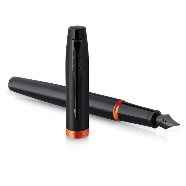 Parker IM Vibrant Rings Fountain Pen | Satin Black Lacquer with Flame Orange Accents | Fine Point with Blue Ink Refill | Gift Box