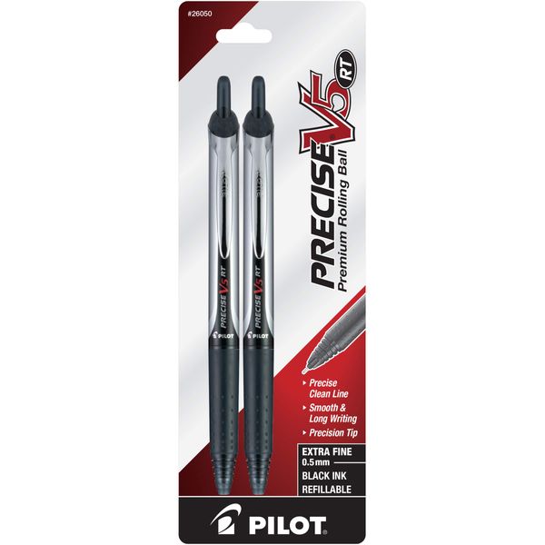 PILOT Precise V5 RT Refillable & Retractable Liquid Ink Rolling Ball Pens, Extra Fine Point (0.5mm) Black Ink, 2-Pack (26050)