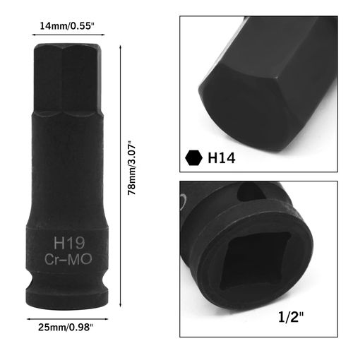 YXQ H19 (19mm) Hex Impact Bit Socket, 1/2-Inch Drive, Chrome Molybdenum Steel, Black Phosphate Finish
