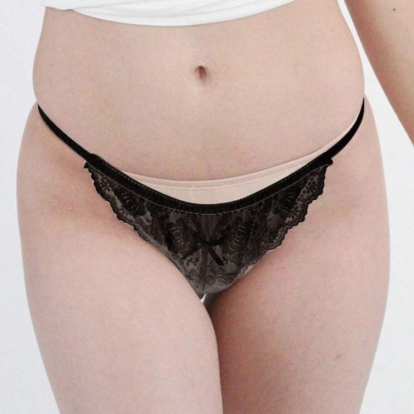 Front and back lace thong, black