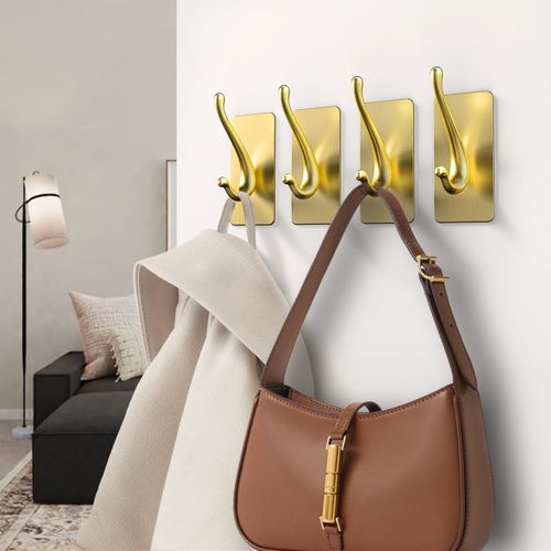 JCHOUS Towel Hooks, Solid Alloy Adhesive Wall Hooks for Hanging, Towel Hooks for Bathroom, RV, Kitchen, Closets, etc (Bright Gold, 2 Pack)