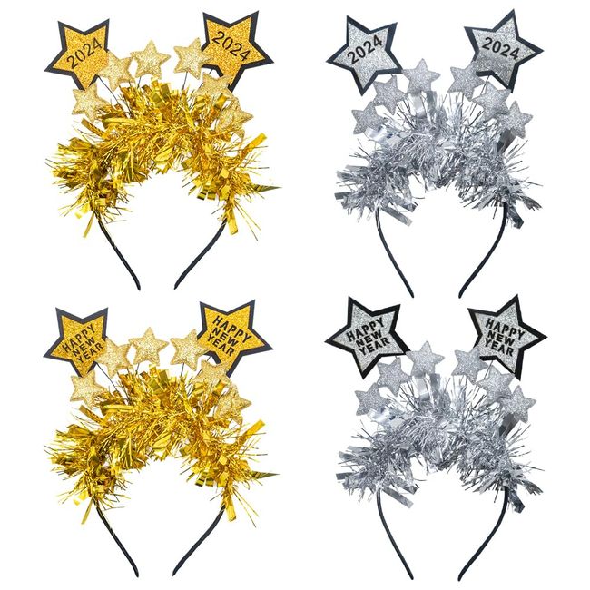 Hying 4 PCS Happy New Year Headbands Tiara for Women, 2024 New Year Eve Headwear Hair Hoops Accessories Christmas Decoration