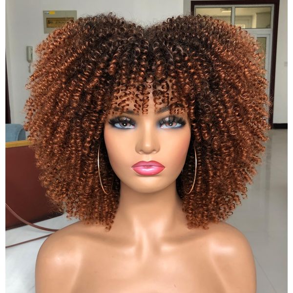 ISAMY 14inch Afro Bomb Curly Wigs for Black Women Short Afro Kinky Curly Wig with Bangs Full Curly Wig (Ombre Brown)